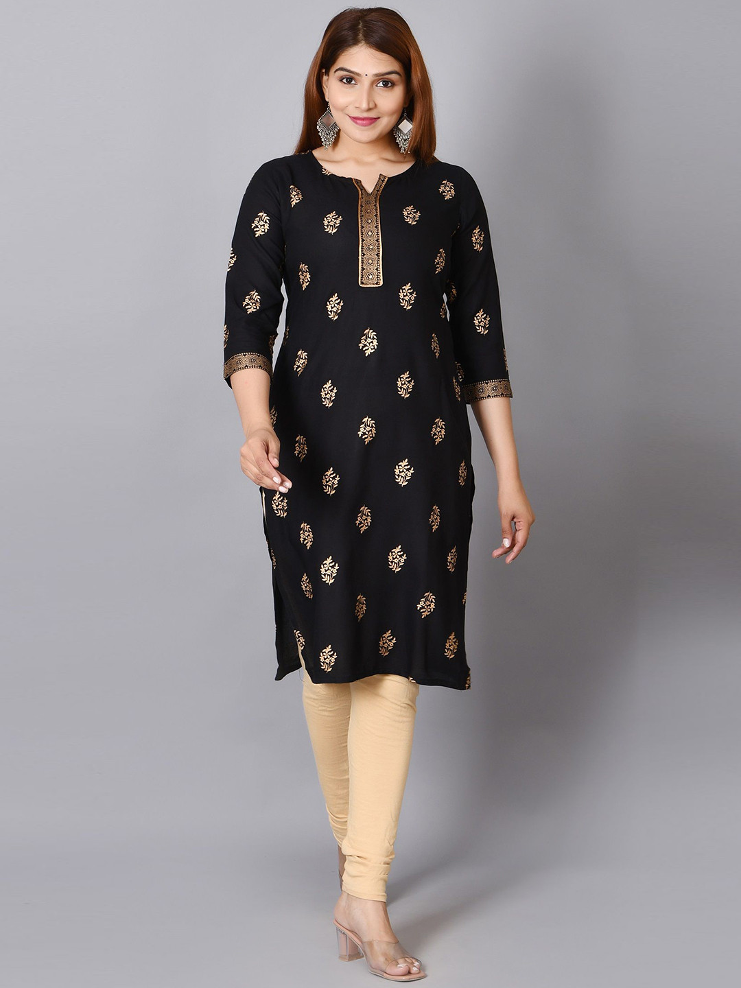 Billion Women Foil Printed Round Neck Ethnic Straight Kurtas