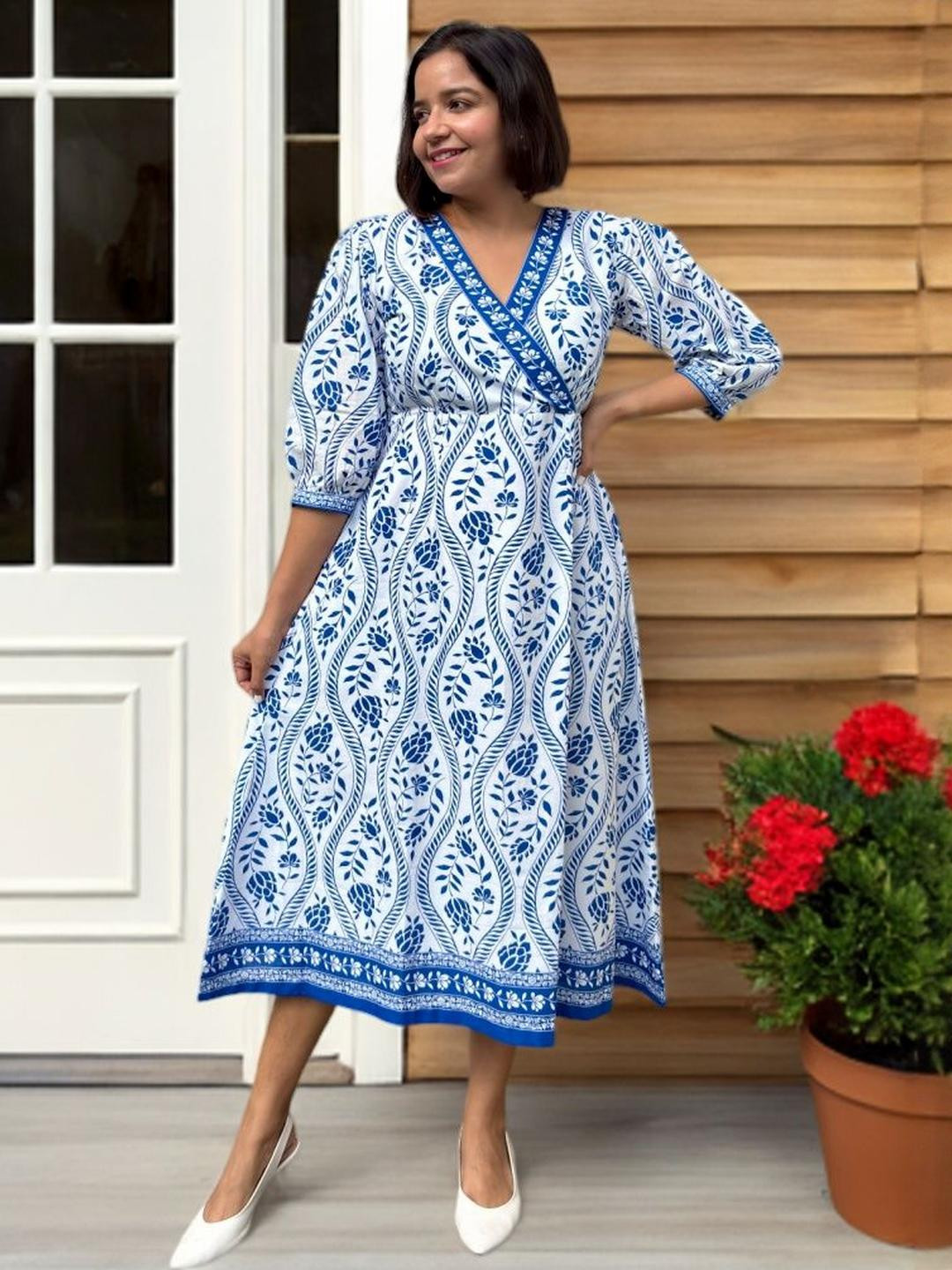 Label Tanvee Floral Print Puff Sleeve Formal Fit & Flare Midi Dress