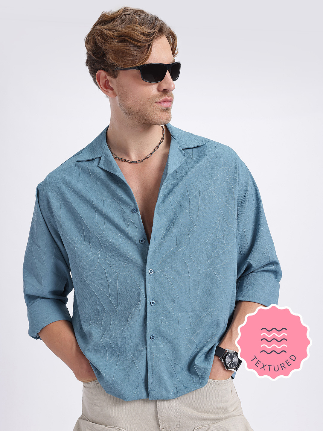 glitchez Textured Thread Work Detail Relaxed Shirt