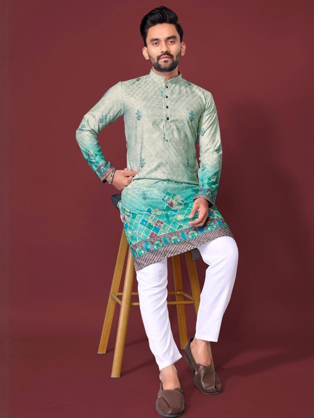 LADY BERRY Men Floral Printed Sequinned Shadow Work Kurta