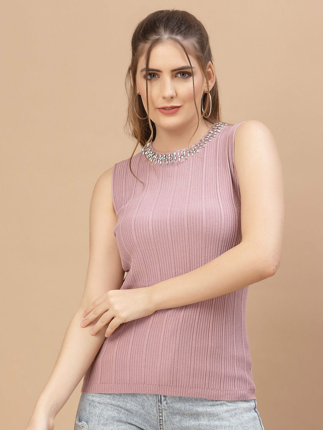 Mafadeny Sleeveless Top with Decorative Round Neck