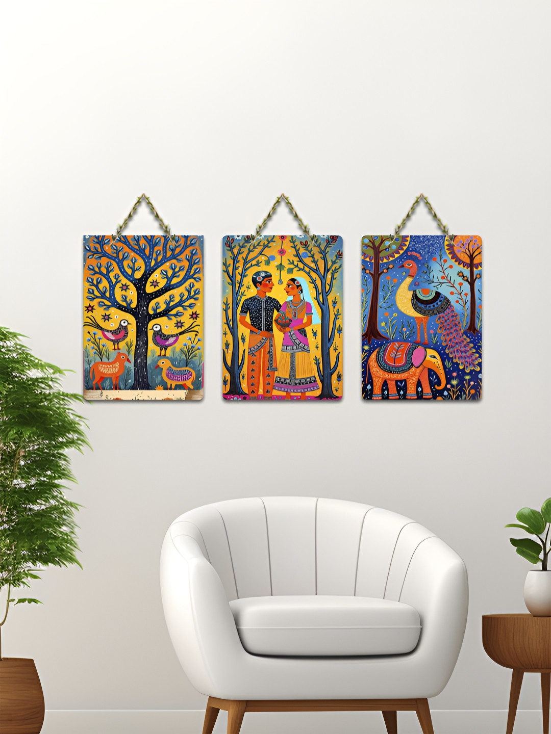 ArtVibes Yellow & Blue 3 Pieces Moderm Art Printed Wooden Wall Hanging Decors