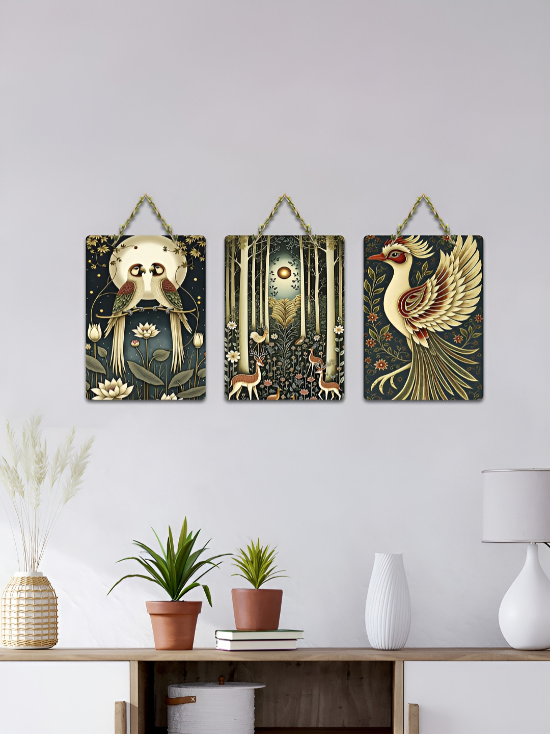 ArtVibes Beige & Green 3 Pieces Enchanted Wildlife Printed Wooden Hanging Wall Arts