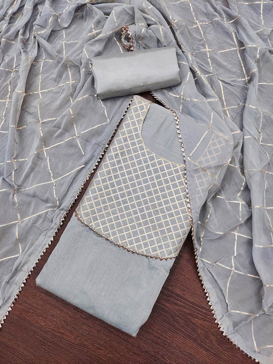 MANVAA Geometric Embroiderd Modal Chanderi Gotta Patti Unstitched Dress Material