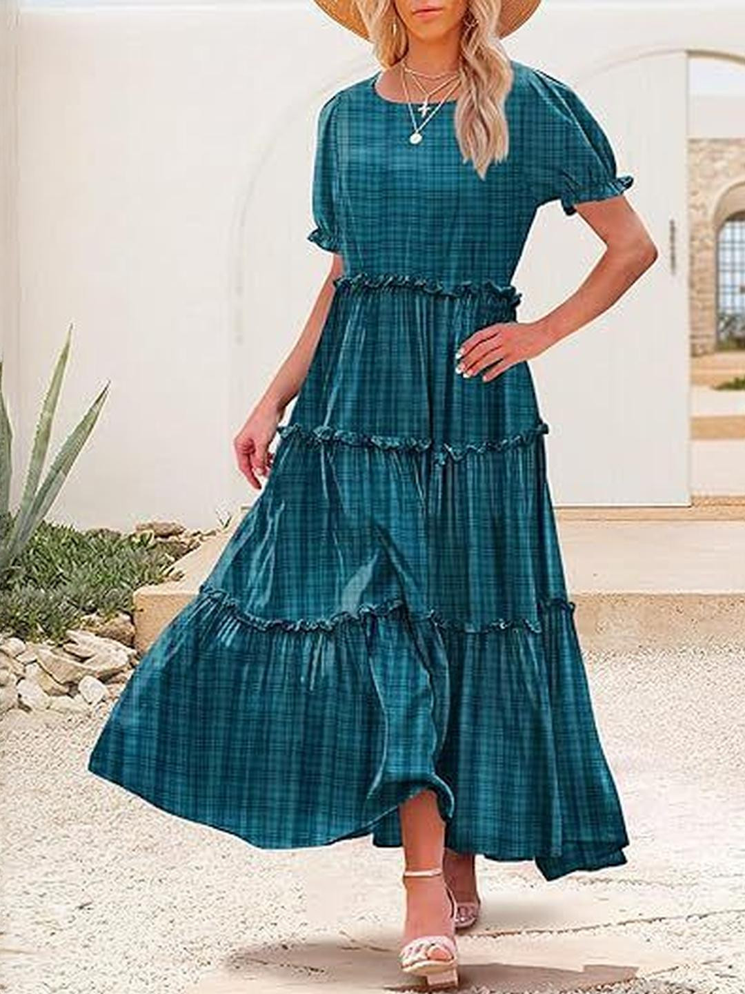 Teal Checked Maxi Dress with Short Sleeves
