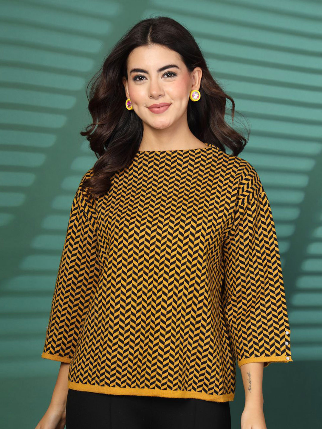 Mafadeny Women's Boat Neck 3/4th Bell Sleeve Printed Top