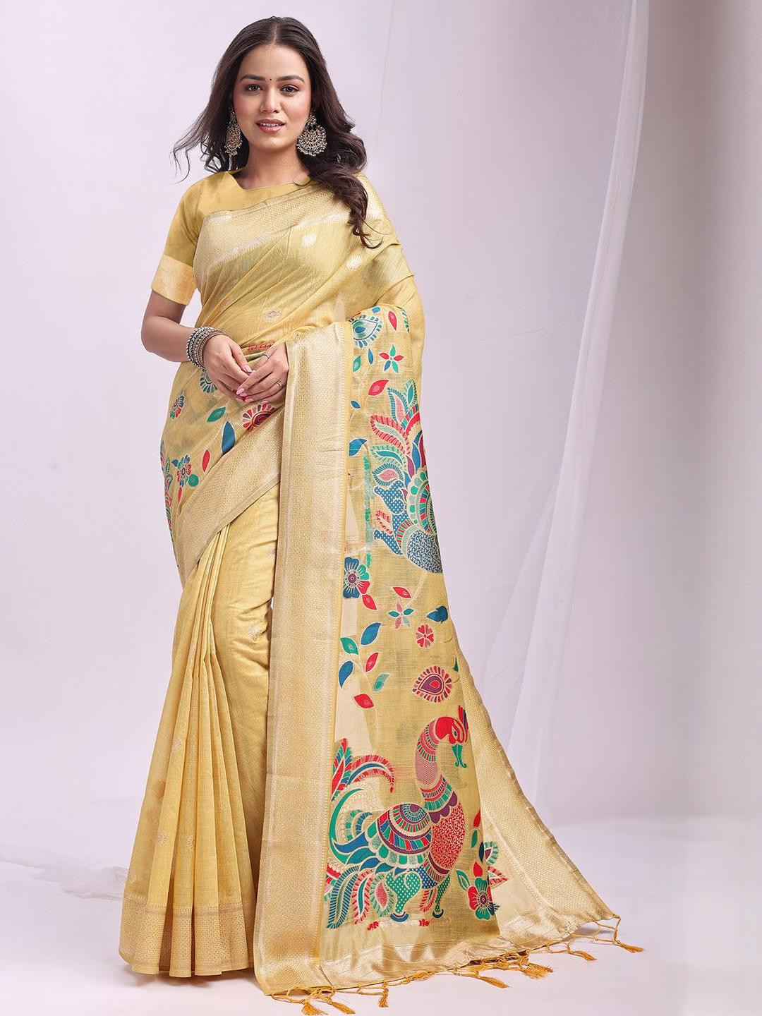 DIVASTRI Soft Linen Cotton Saree Zari Weaving And Matching Blouse Piece
