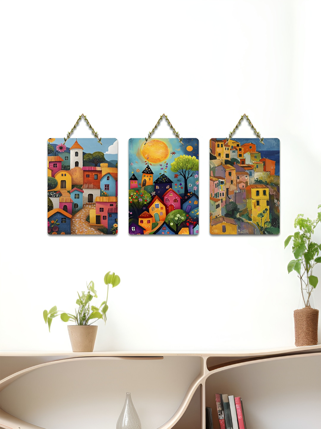 ArtVibes Blue & Green 3 Pieces Whimsical Villages Printed Wooden Hanging Wall Arts