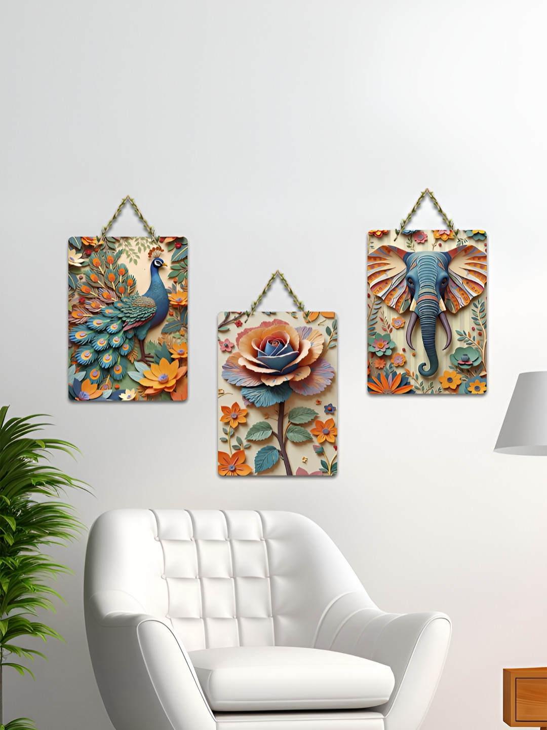 ArtVibes 3-Pcs Green & Beige Peacock Bloom Elephantine Printed Wooden Wall Hanging Decor
