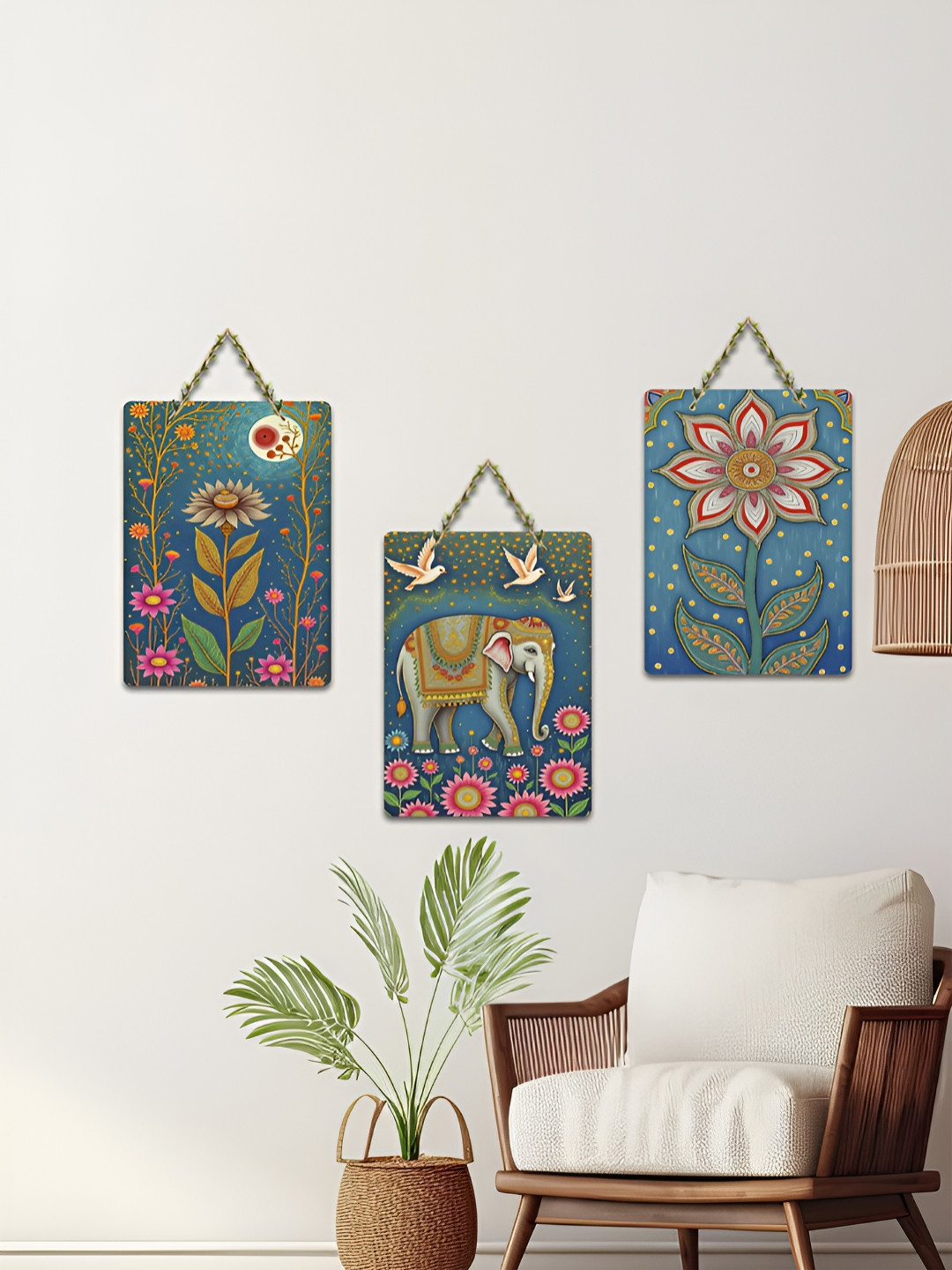 ArtVibes Green & Pink 3 Pieces Flowers Printed Wooden Wall Hanging Decor