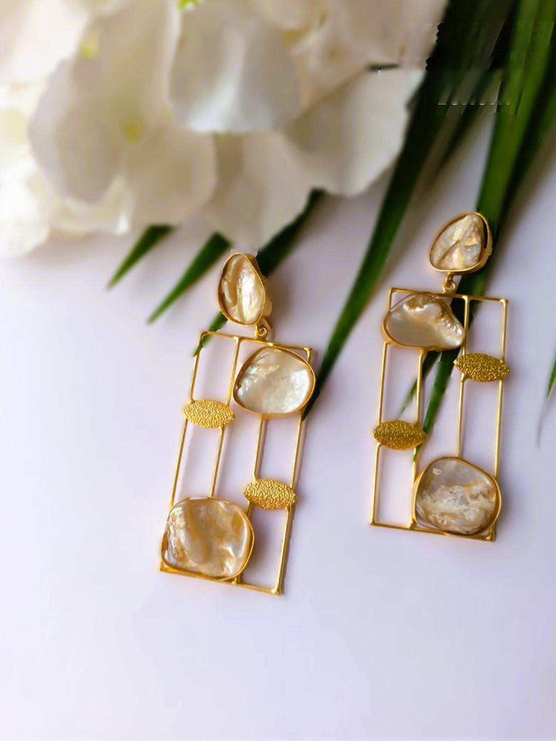 Poush Luxury Mother Of Pearls Beaded Rectangle Drop Earrings