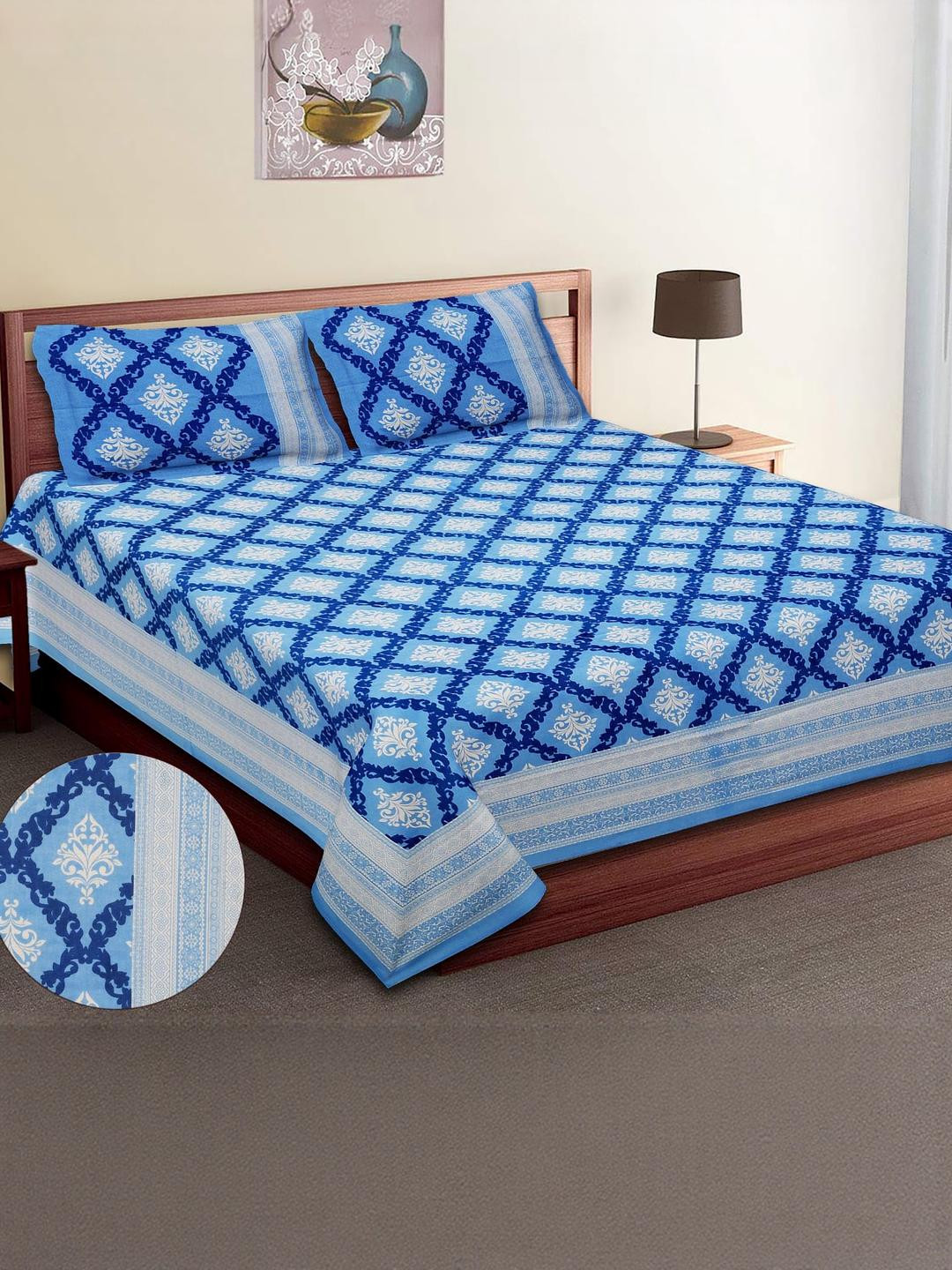 Wee Hours Blue Queen Bedsheet with 2 Pillow Covers