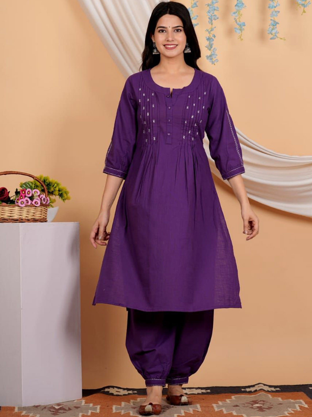 ROOHANIYAT Geometric Yoke Design A-Line Thread Work Pure Cotton Kurta with Salwar