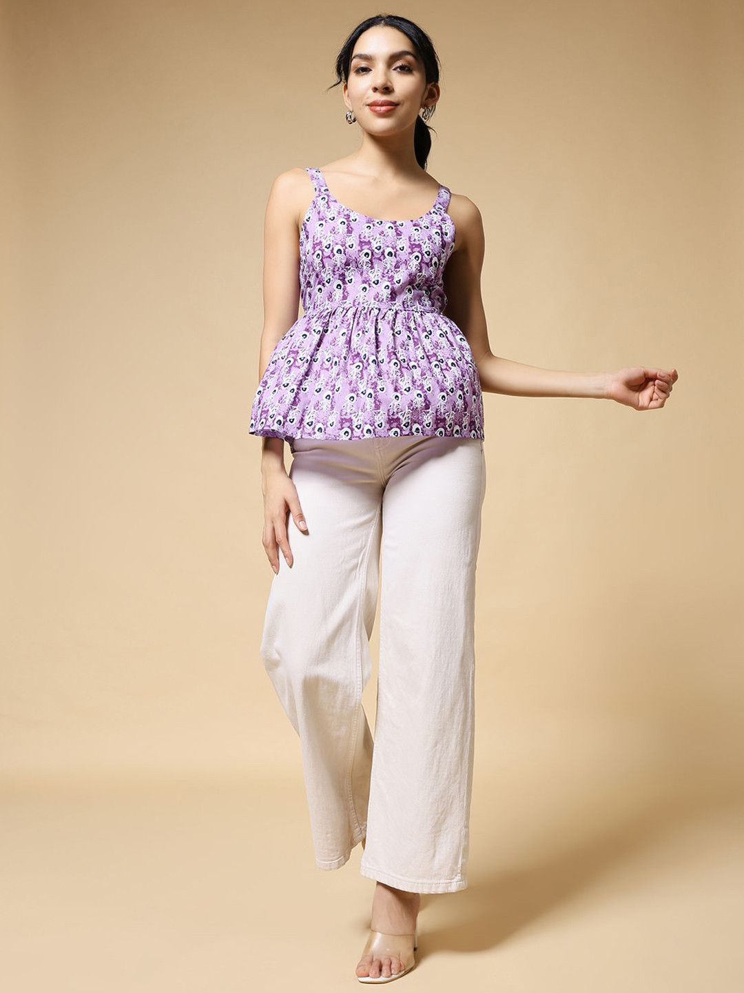 Womenster Women Peacock Motif Printed Scoop Neck Cotton Peplum Top