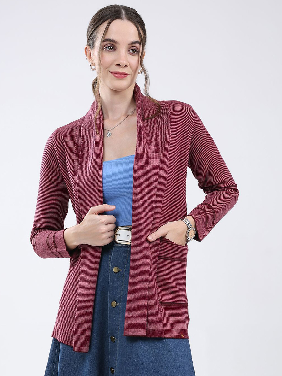 Monte Carlo Women Striped Self Design Front Open Full Sleeve Cardigan Sweater