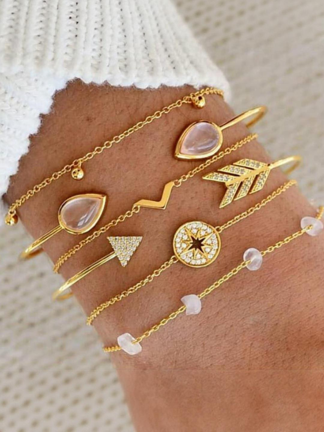 TheVineGirl Combo of 6 Gold Plated Star Arrow Crystal Charm Bracelet For Women And Girls