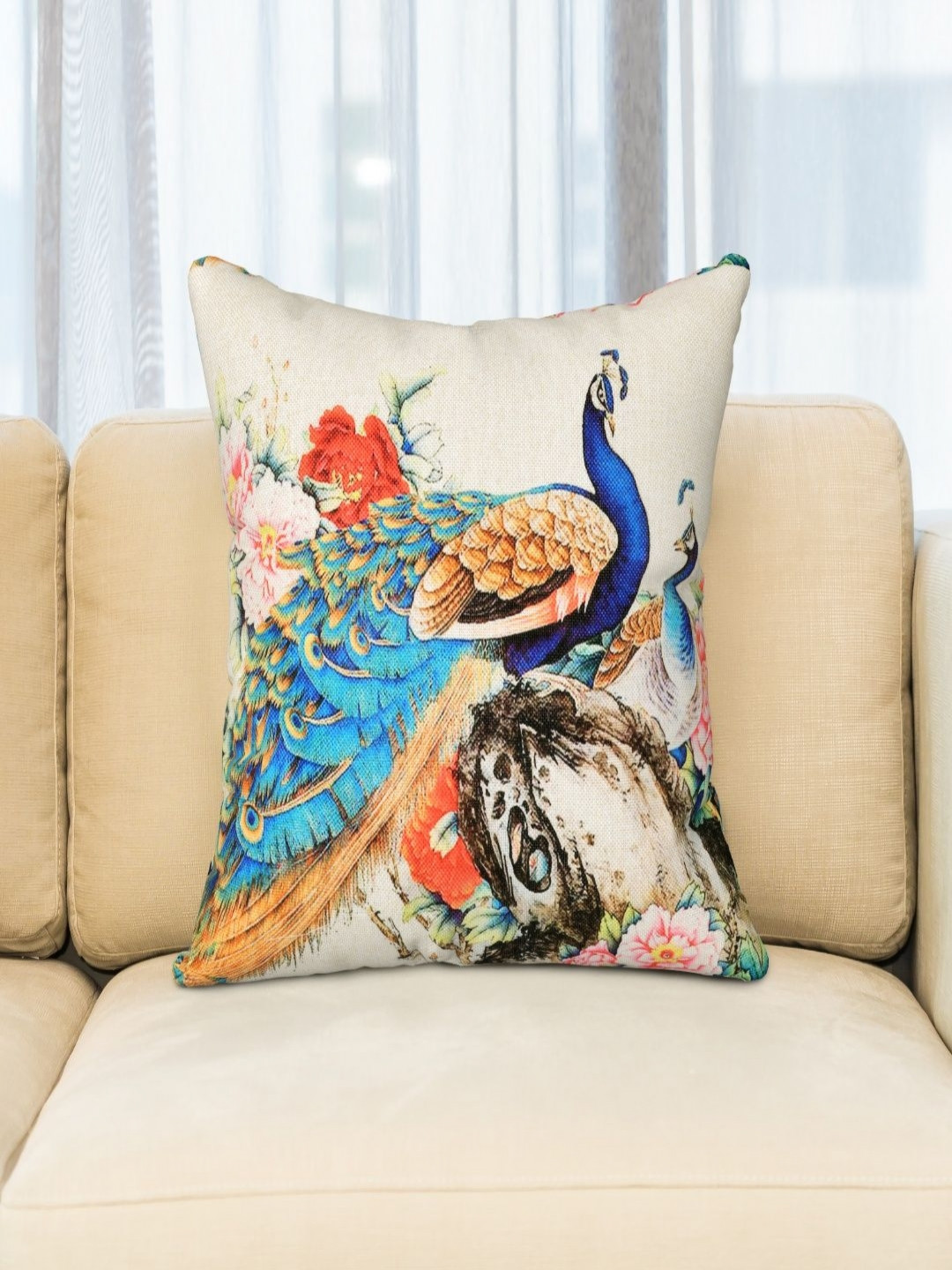 BED-SHEET.COM Blue & Green Peacock Digital Printed Jute Cotton Square Cushion Cover