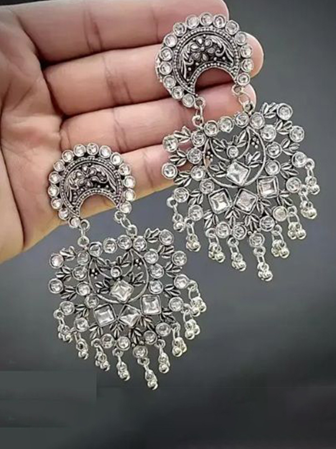 Samridhi DC Stones Studded & Ghunghroo Beaded Oxidised Crescent Shaped Chandbalis
