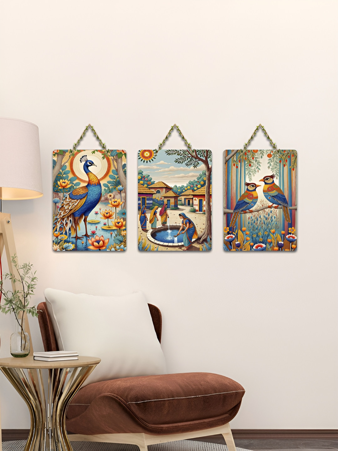 ArtVibes Beige & Blue 3 Pieces Life Love & Lotus Blooms Printed Wooden Wall Hanging Decors