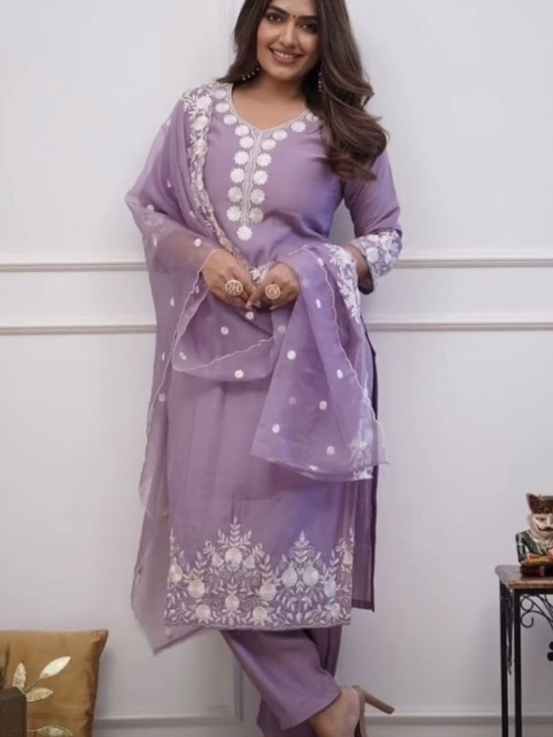 Velintis Women Floral Embroidered Chanderi Cotton Kurta with Trousers & Dupatta