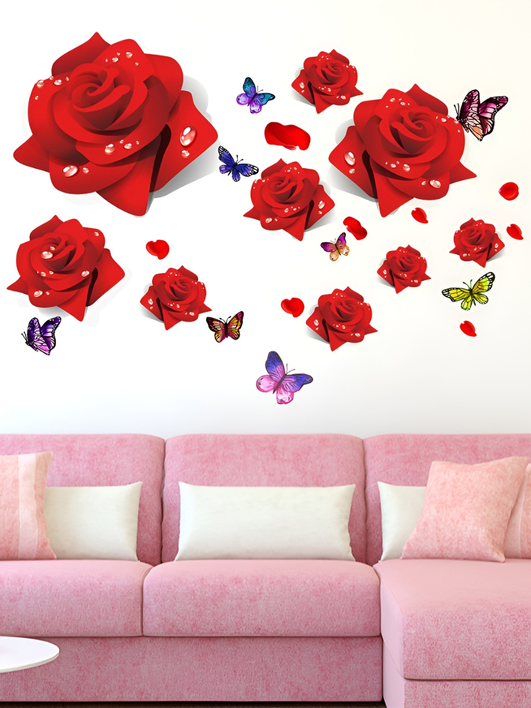 LANSTICK Red Roses With Butterflies Self-Adhesive Wall Sticker