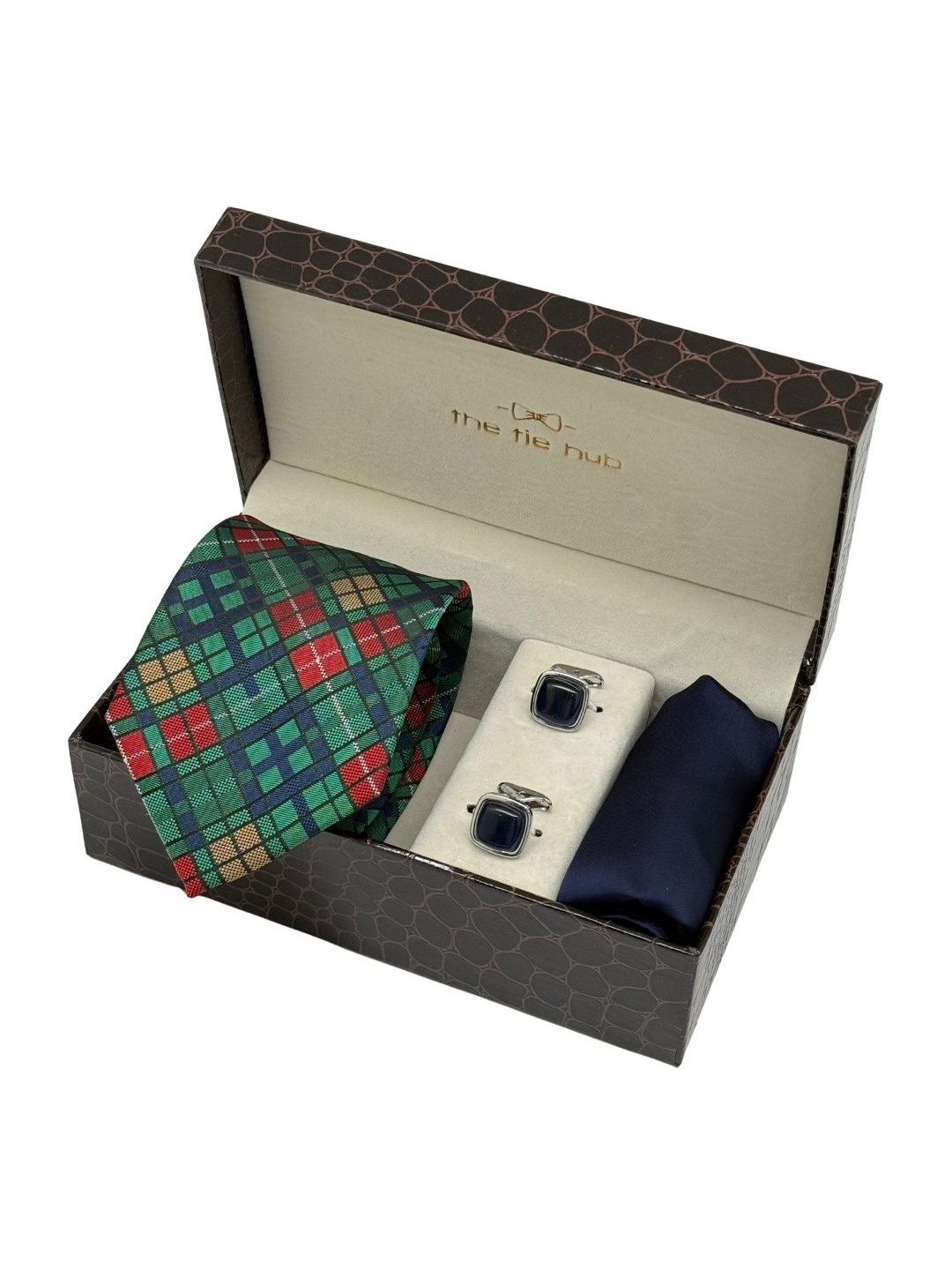 The Tie Hub Men Set of 3 Tartan Necktie with Cufflinks & Pocket Square Accessory Gift