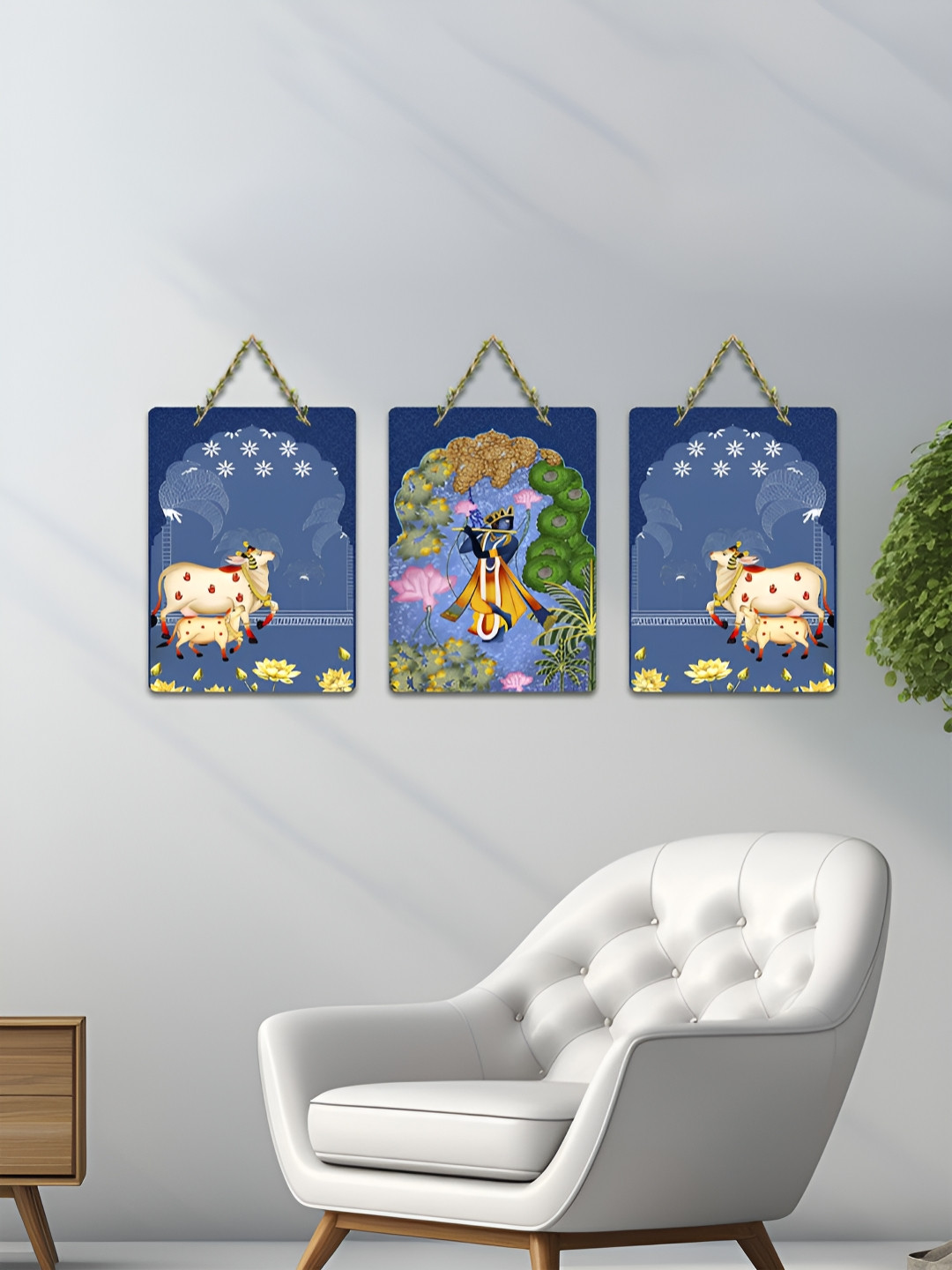 ArtVibes 3-Pcs Blue & Beige Krishna & Kamadhenu Printed Wooden Wall Hanging Decor