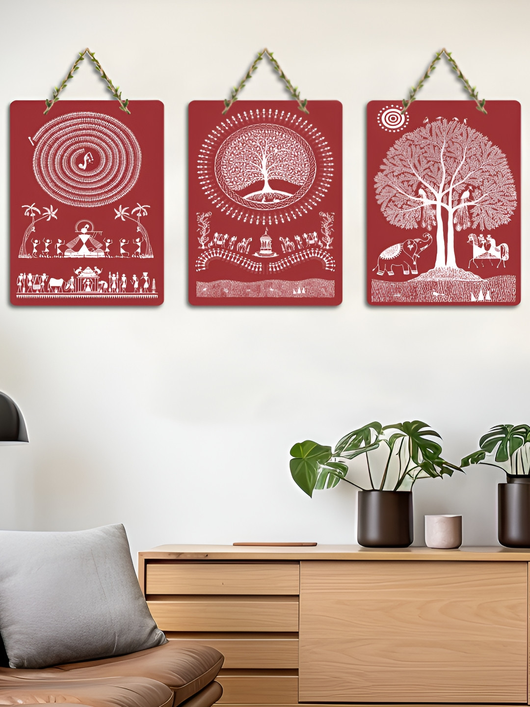 ArtVibes Maroon & White 3 Pieces Warli Art Printed Wooden Hanging Wall Arts
