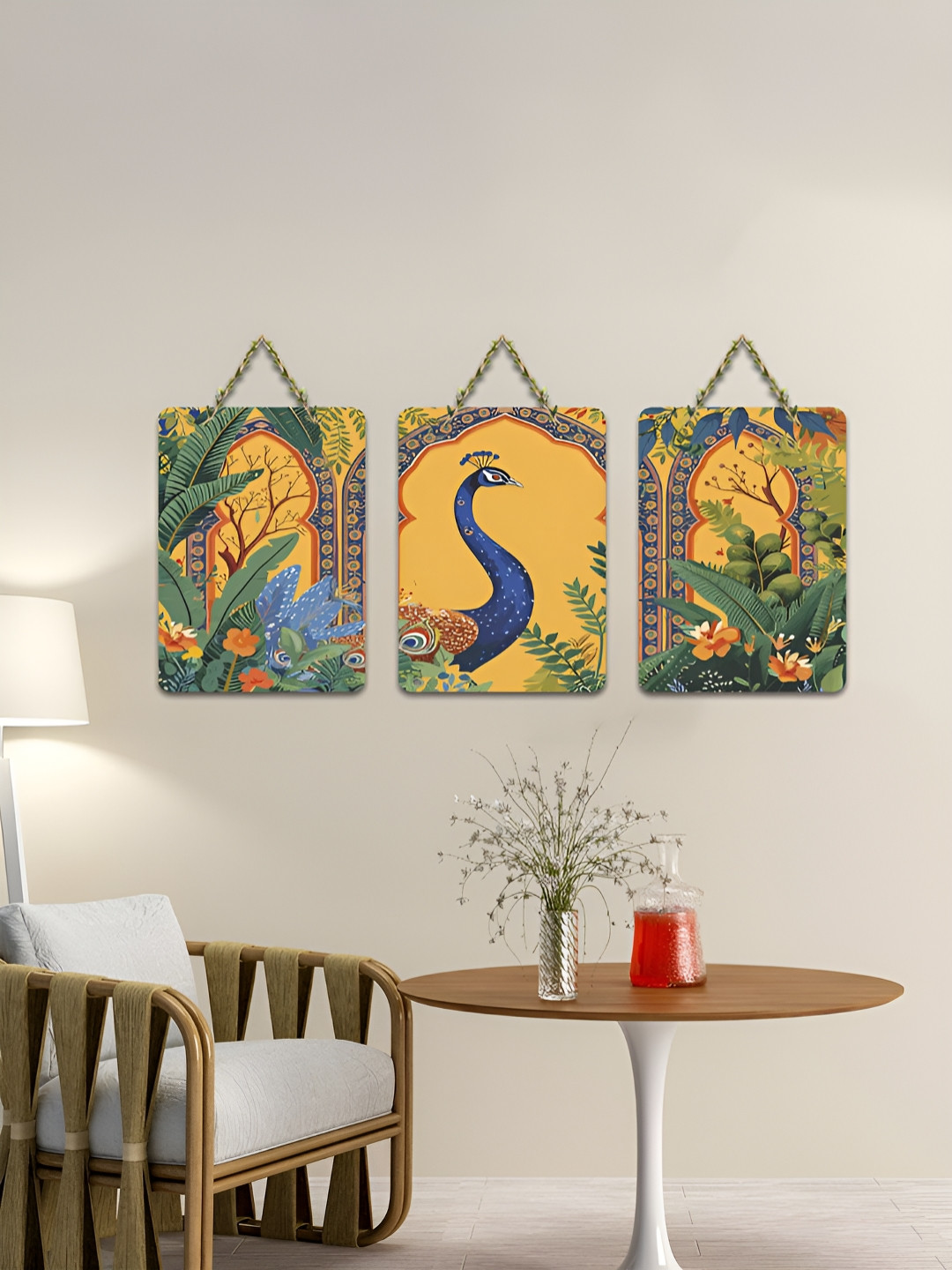 ArtVibes Yellow & Green 3 Pieces Peacock Printed Wooden Wall Hanging Decors
