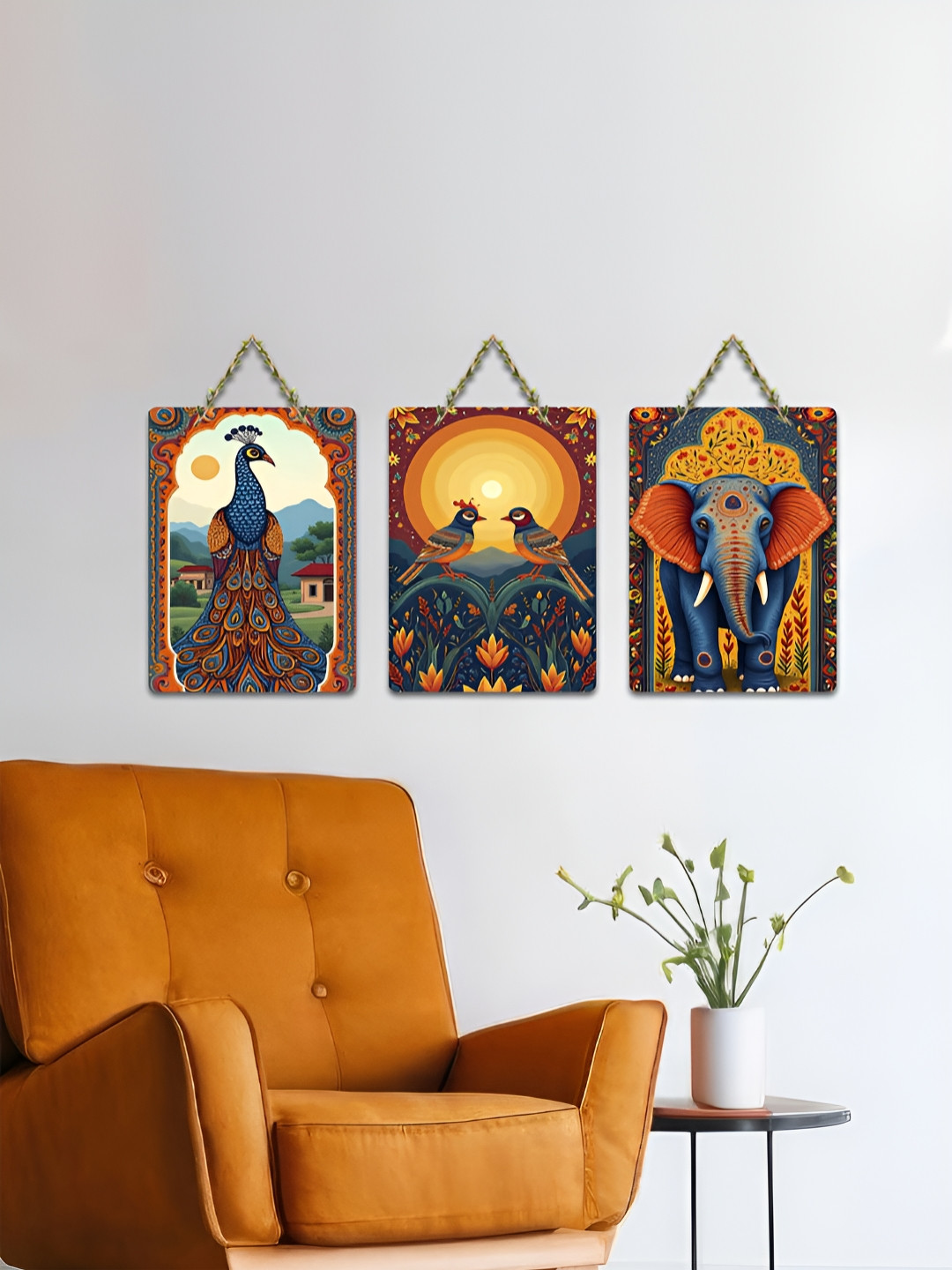 ArtVibes Yellow & Blue 3 Pieces Sunset Serenade Wings Whispers Printed Wall Hanging Decors