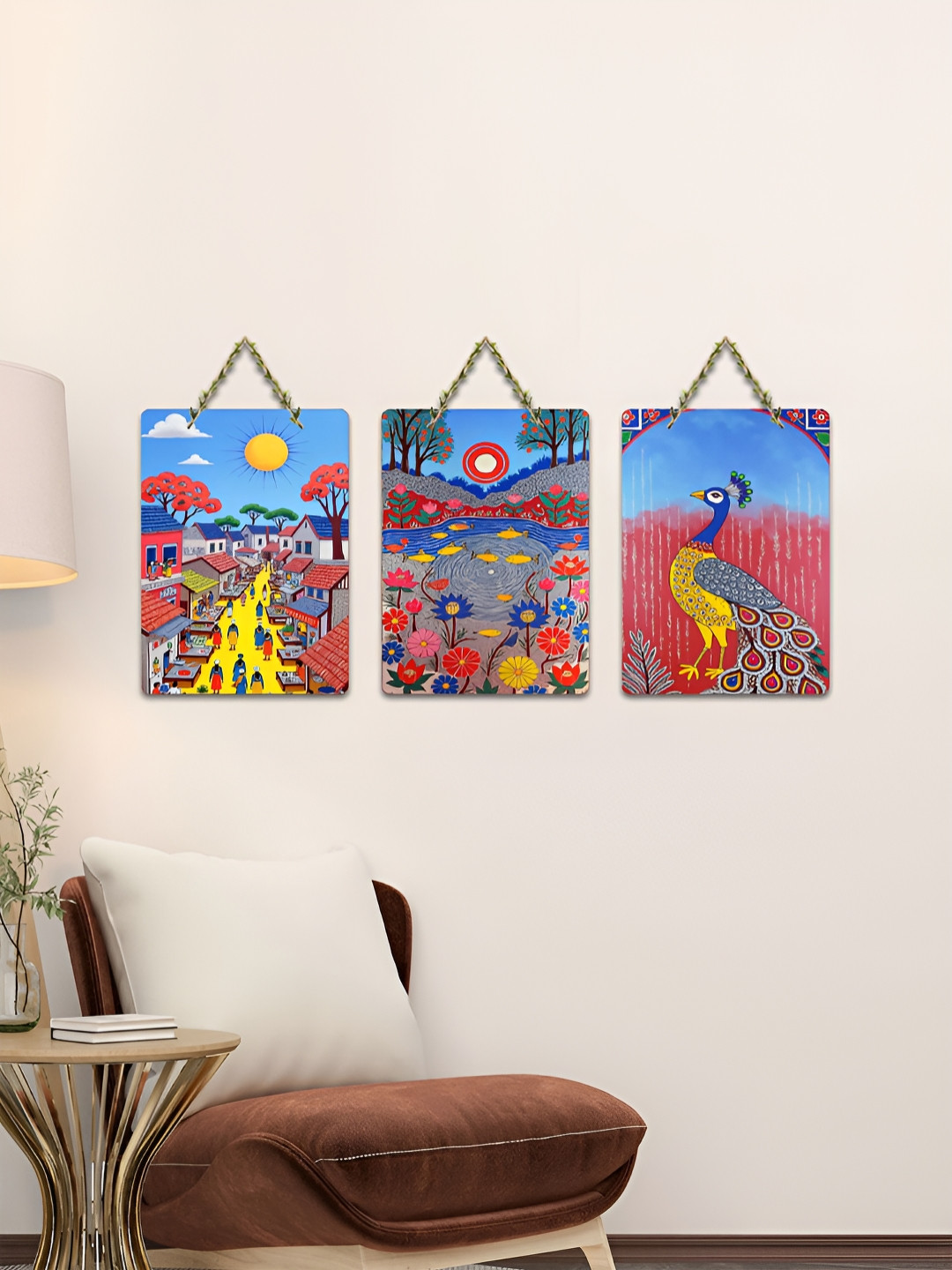 ArtVibes Red & Blue 3 Pieces Colors of Rural India Printed Wooden Hanging Wall Arts