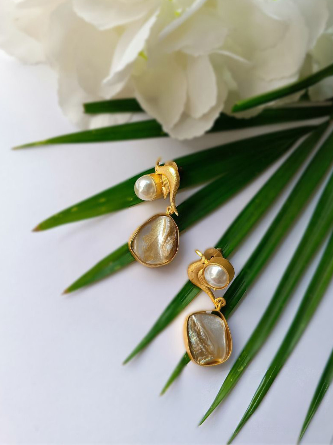 Poush Luxury Mother Of Pearls Beaded Bird Shaped Drop Earrings