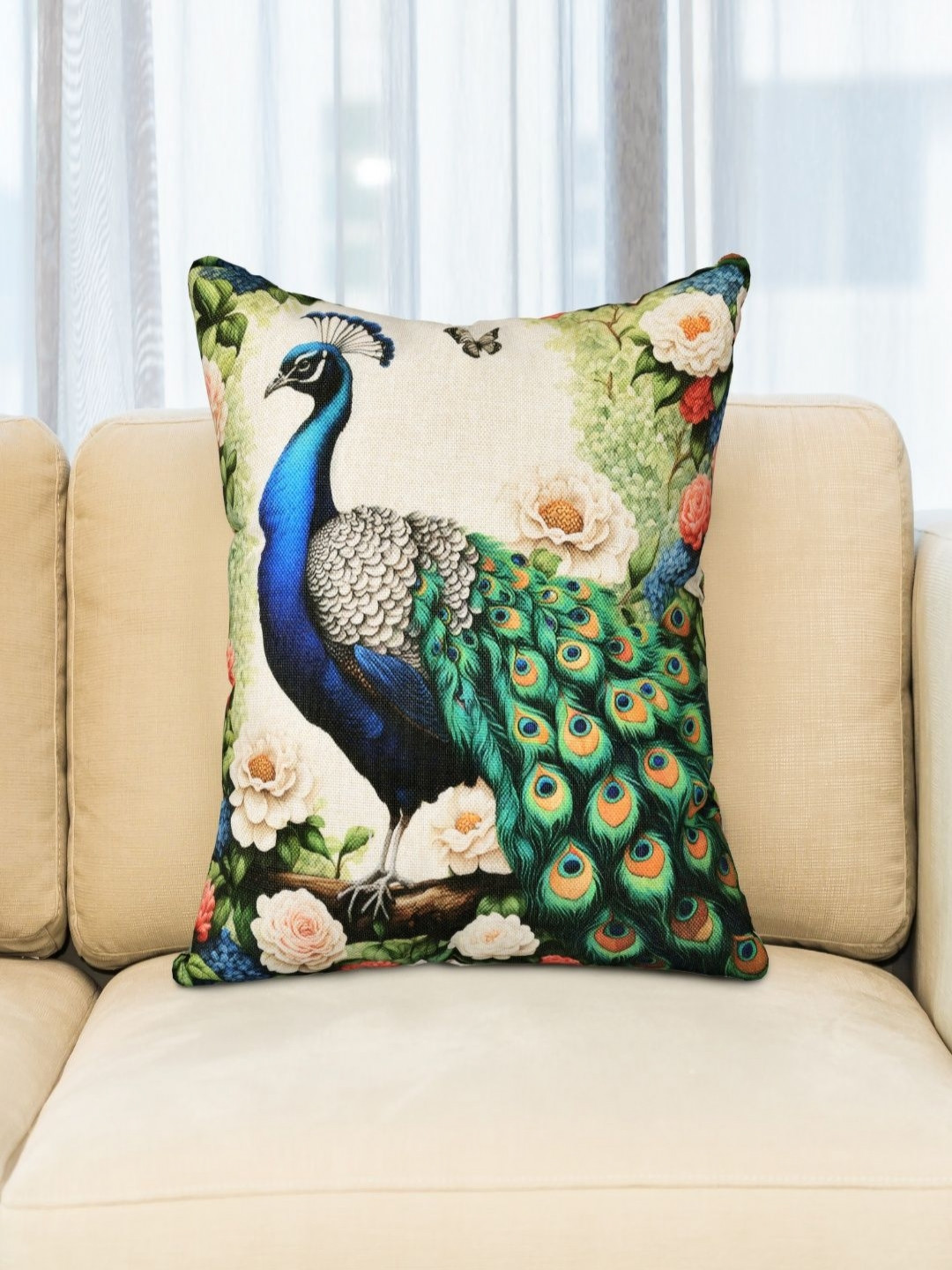 BED-SHEET.COM Cream-Coloured & Green Set of 3 Square Cushion Covers