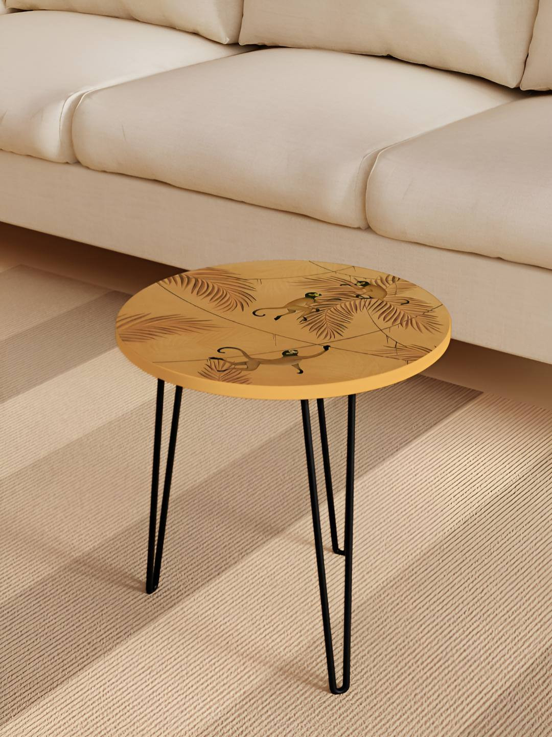 Jumig Mustard-Yellow & Black Printed Wooden & Metal Round Coffee Table
