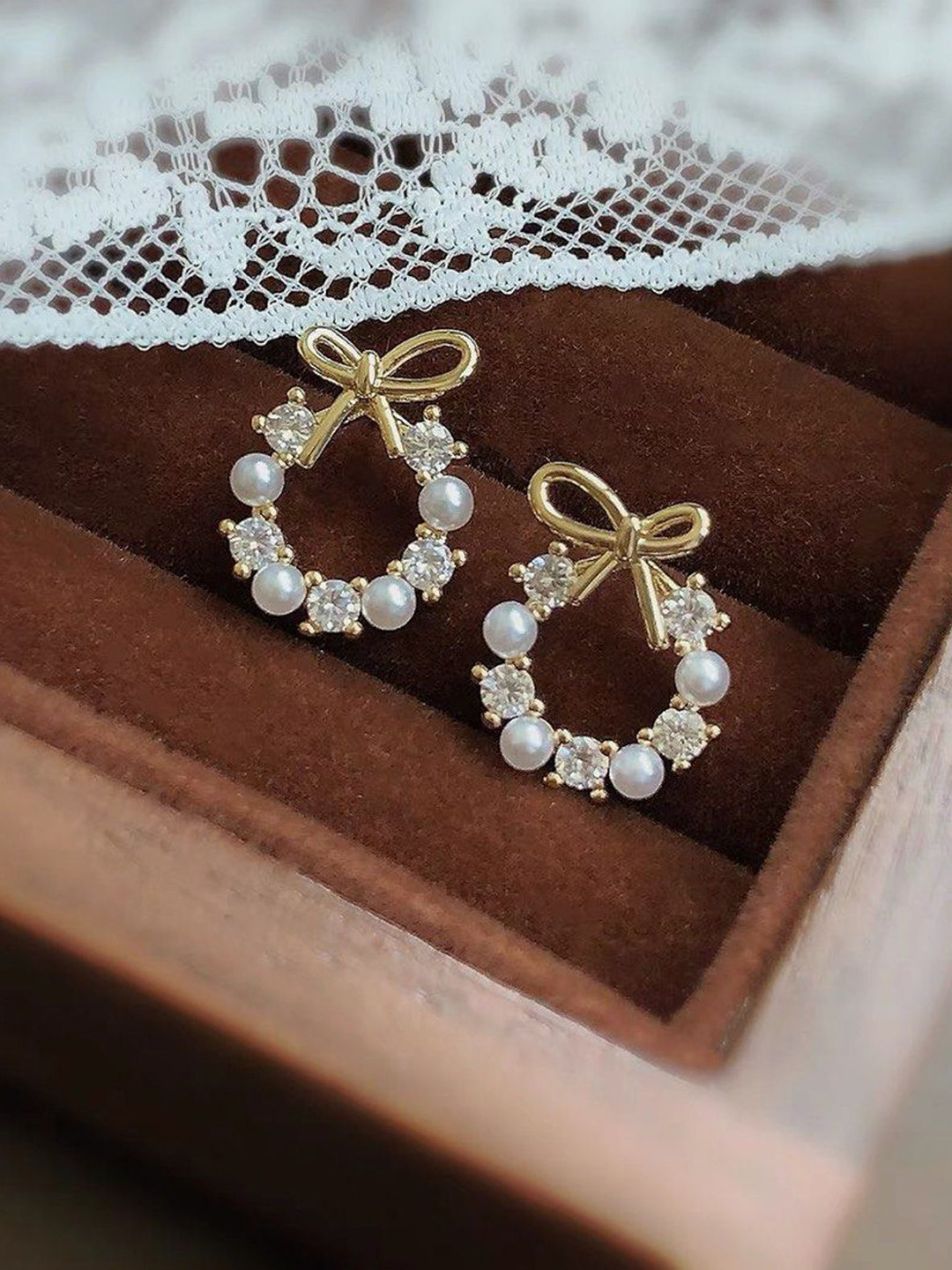 PolluxCraft Gold Plated Artificial Stones Studded & Pearls Beaded Bow Design Studs