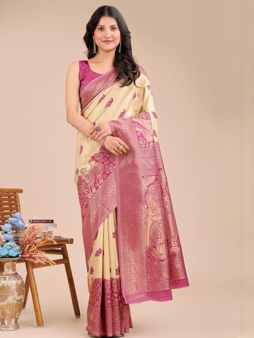 DIVASTRI Soft Banarasi Silk Saree Zari Weaving And Contrast Blouse Piece