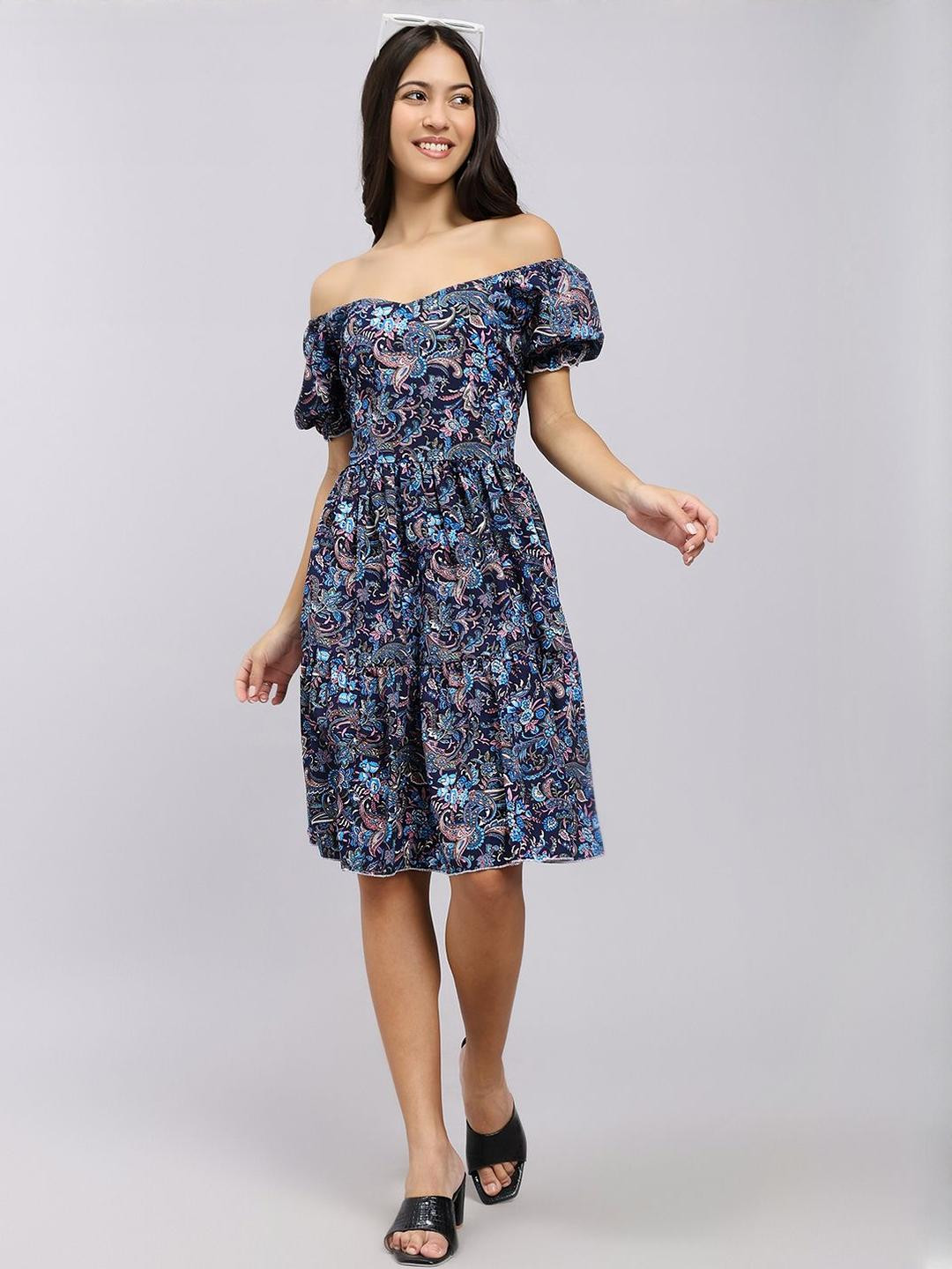 Blue Ethnic Motifs Crepe Fit & Flare Knee Length Dress