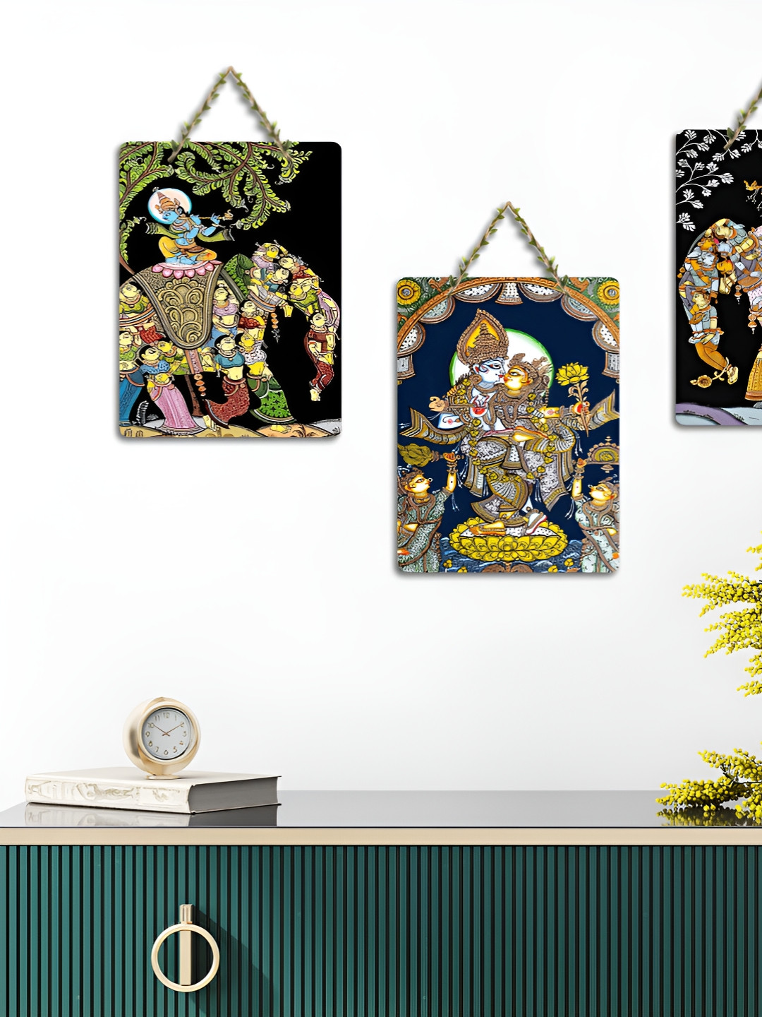 ArtVibes 3-Pcs Green & Yellow Madhubani Printed Wooden Wall Hanging Decor