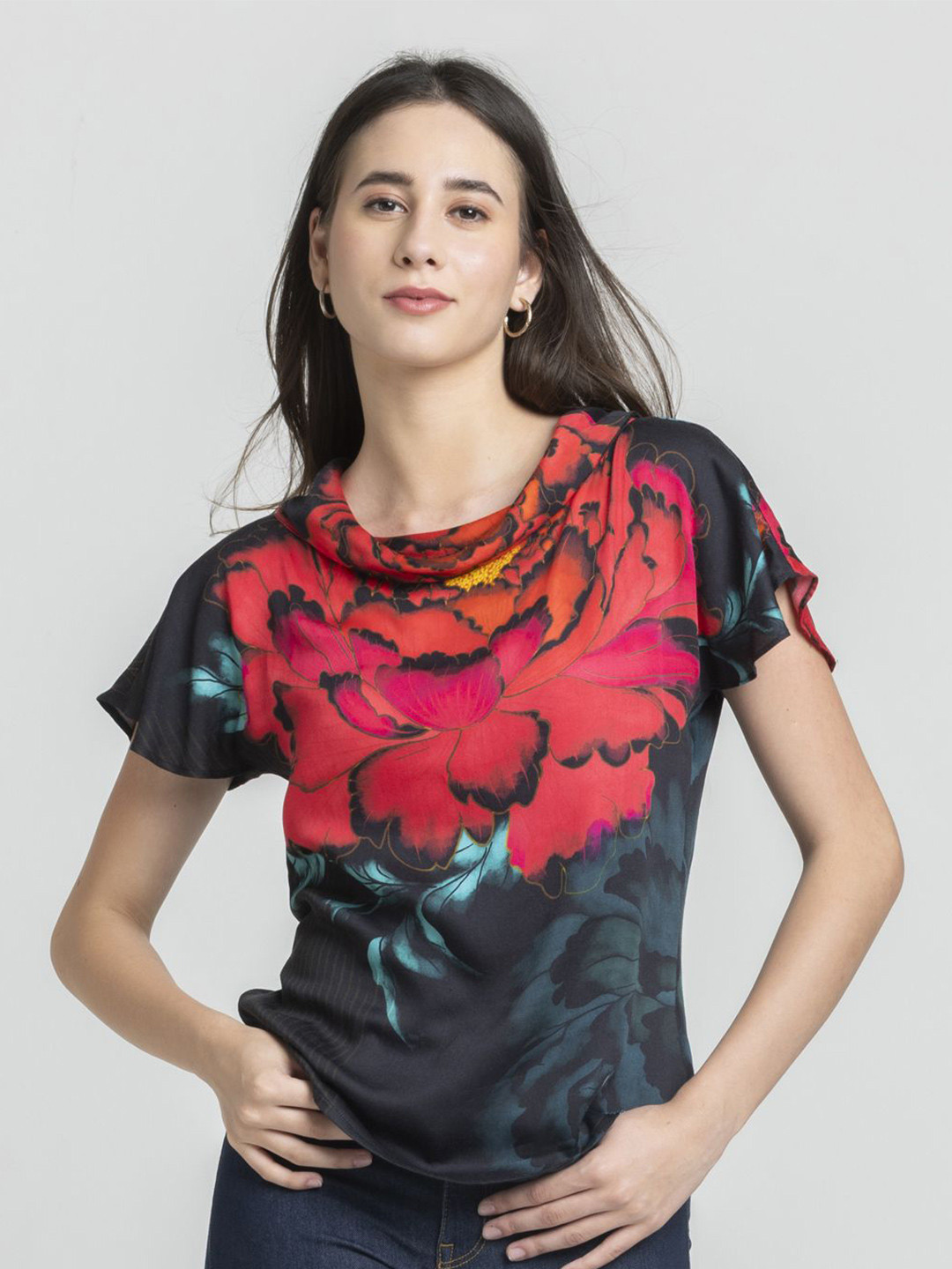 Shaye Women Floral Printed Black Cowl Neck Short Sleeves Satin Tops