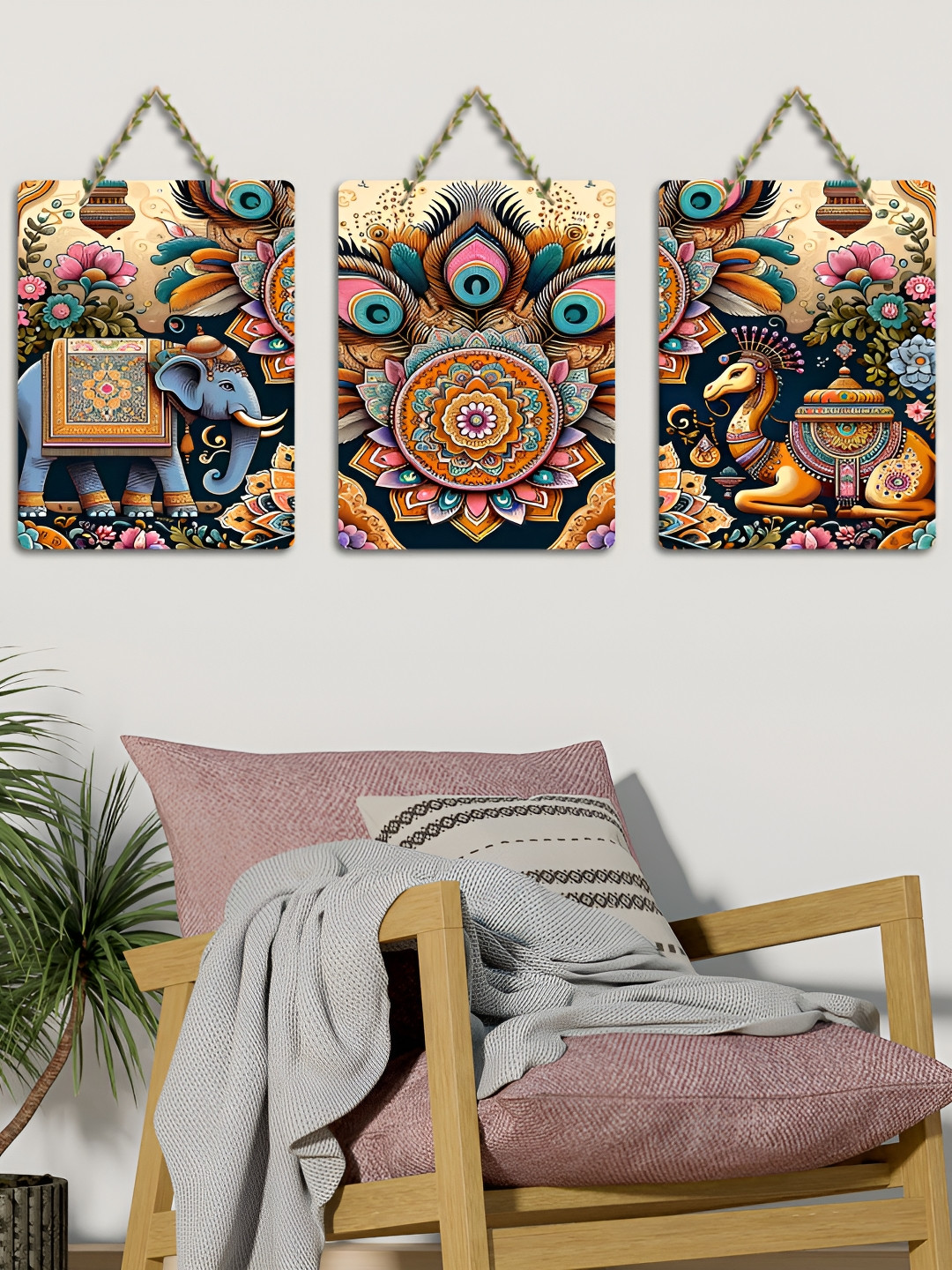 ArtVibes Beige & Pink 3 Pieces Kalamkari Printed Wooden Hanging Wall Arts