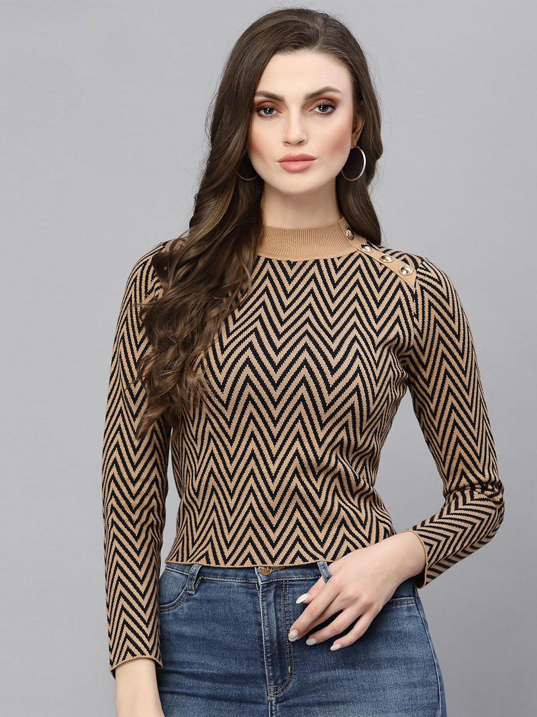 Mafadeny Women Chevron Pattern High Neck Top with Button Detail