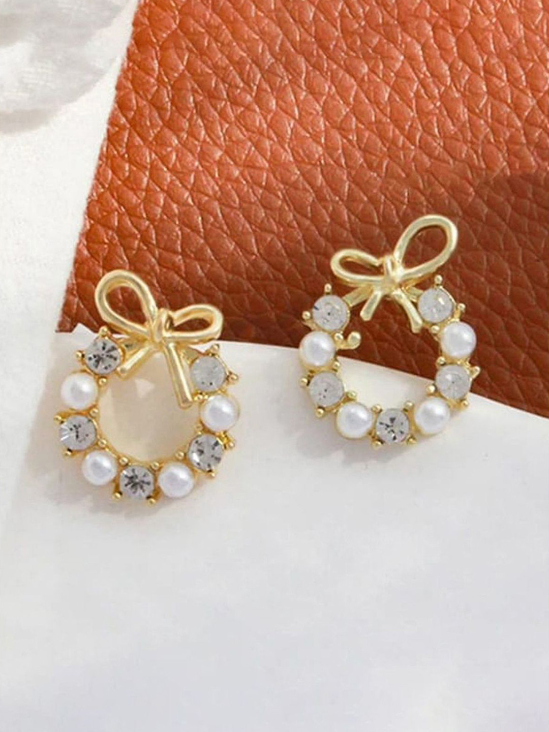 PolluxCraft Gold Plated Artificial Stones Studded & Pearls Beaded Bow Design Studs