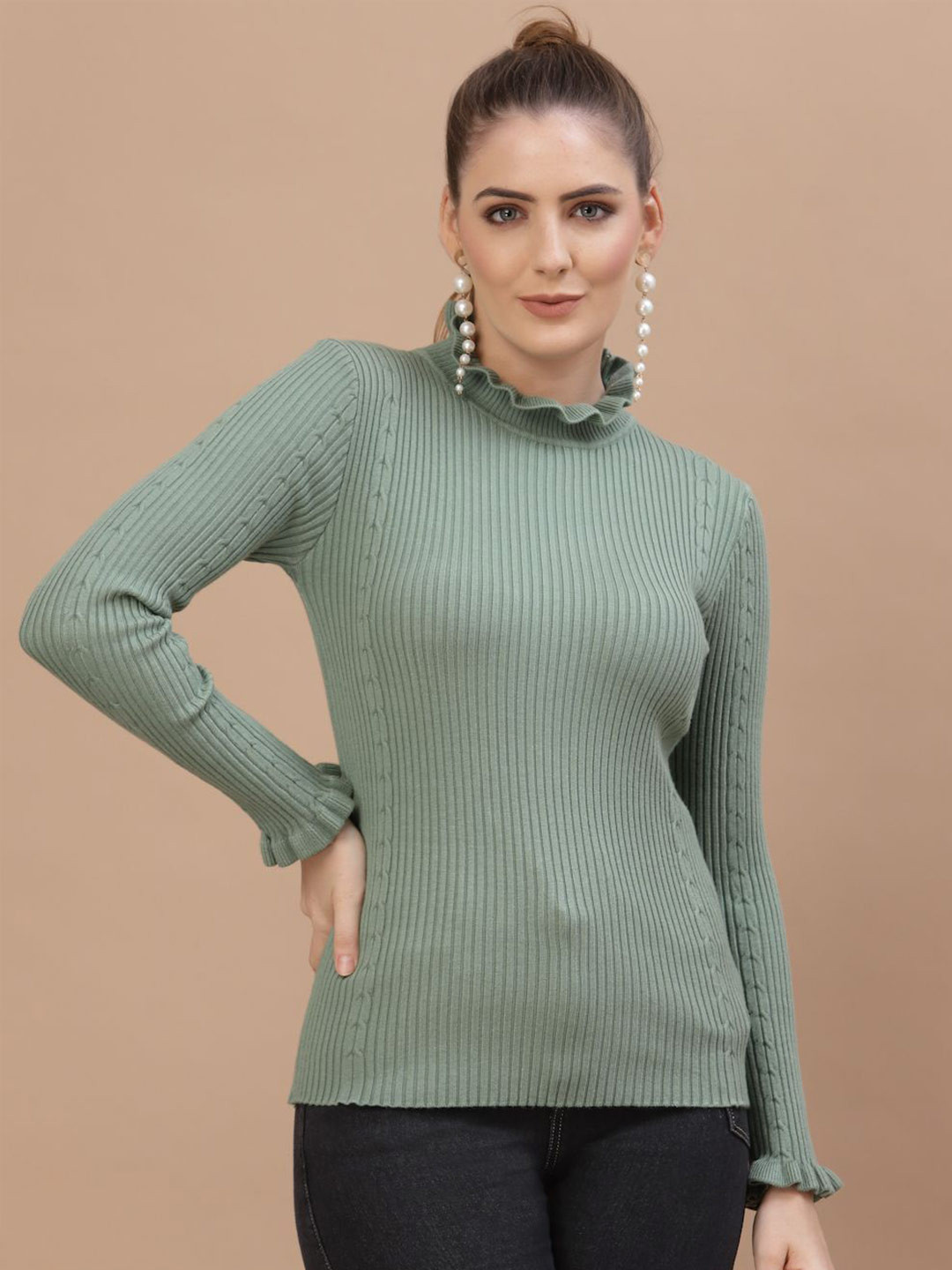 Mafadeny Women Winter Ribbed Knit Top with Ruffled Details