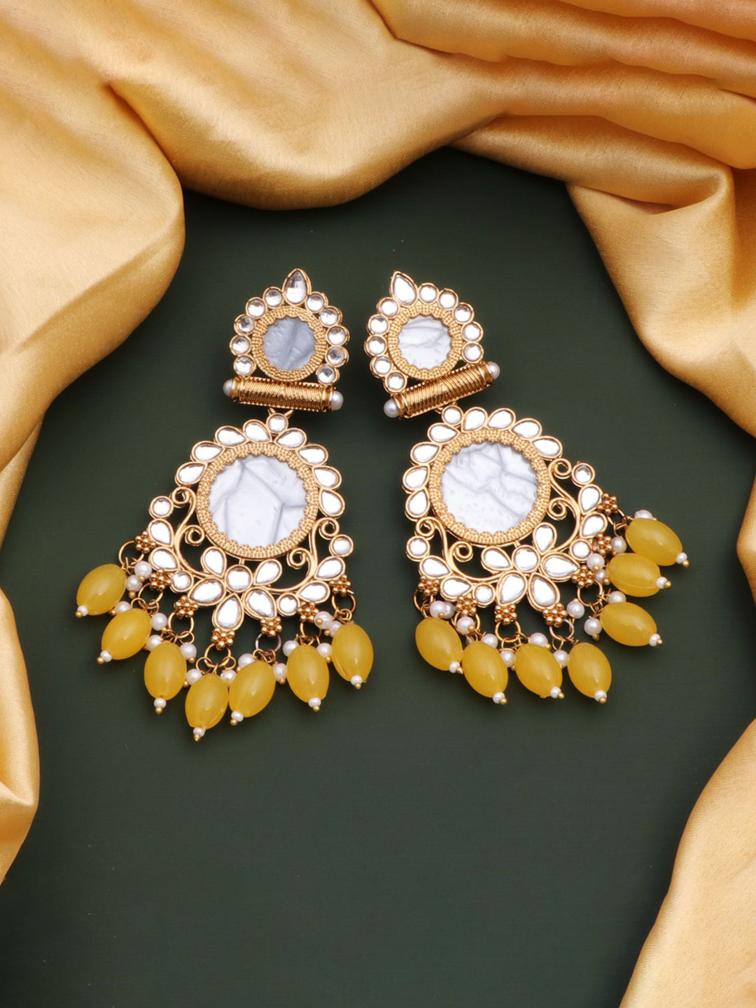 CAPILITE Jewellers Brass-Plated Kundan Studded & Pearls Enamelled Circular Drop Earrings