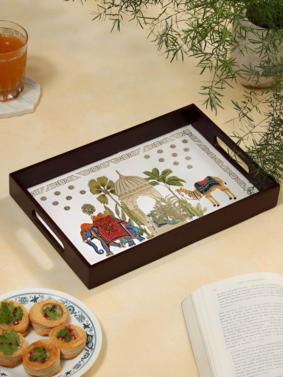 DULI White & Green Deco Painted Enamel Coated Multipurpose Serving Tray