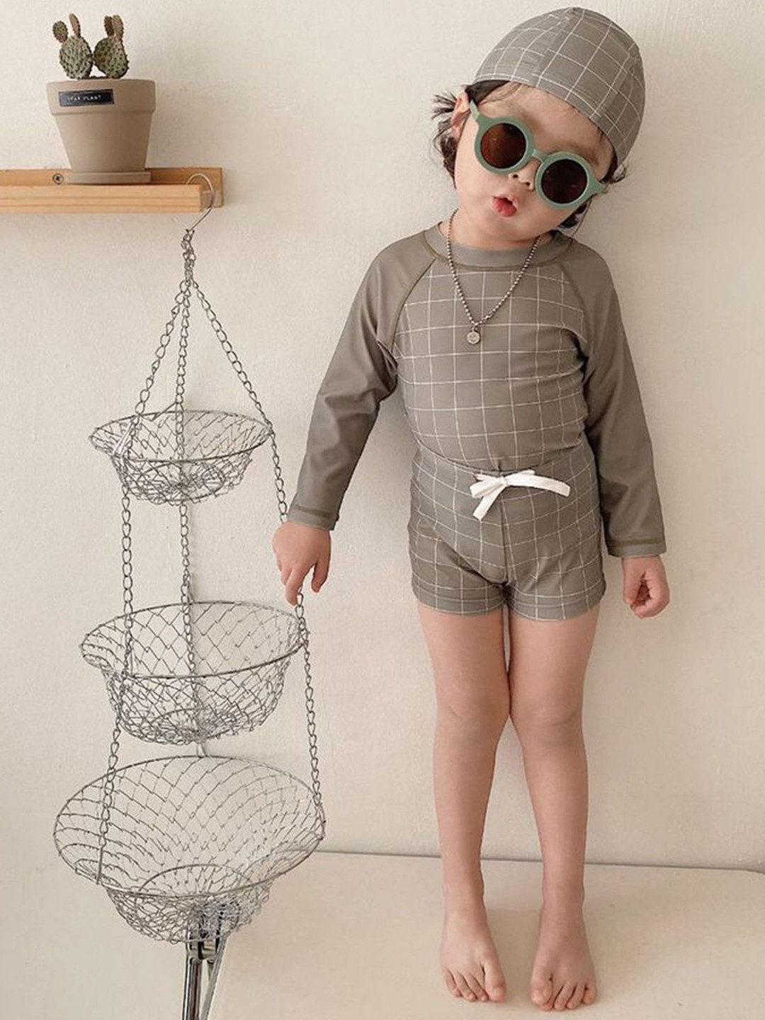 LULU & SKY Boys Striped Round Neck Long Sleeves T-Shirt & Short With Cap Swim Set