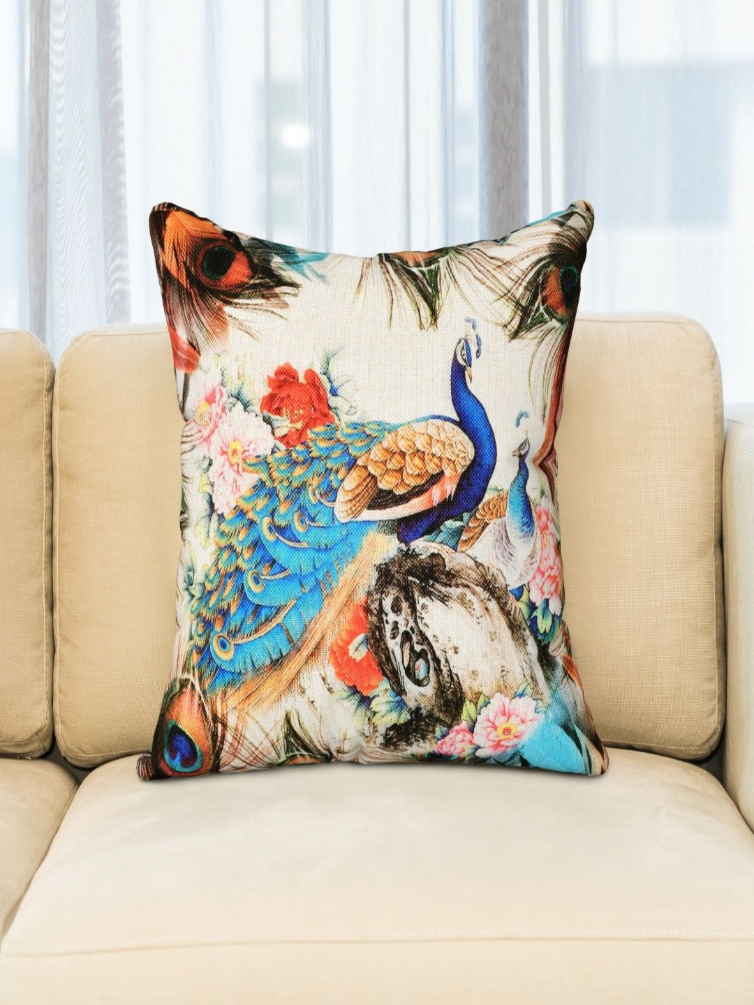 BED-SHEET.COM Peacock Printed Set of 5 Square Cushion Covers