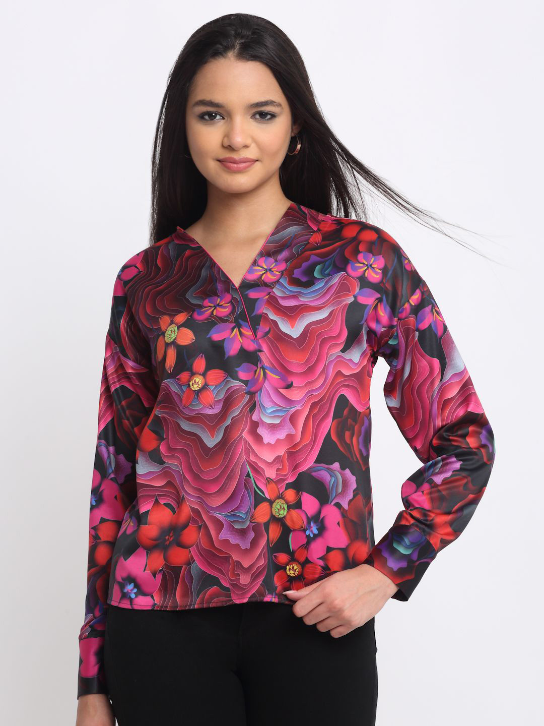 SHAYE Women Black V-Neck Floral Print Full Sleeves Casual Tops
