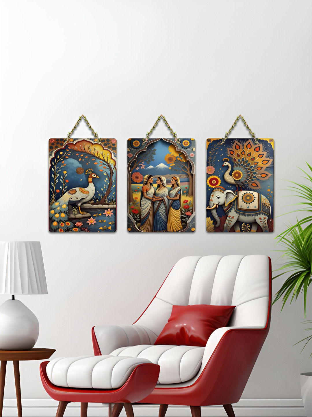 ArtVibes Blue & Yellow 3 Pieces Vibrant Tales of India Printed Wooden Hanging Wall Arts