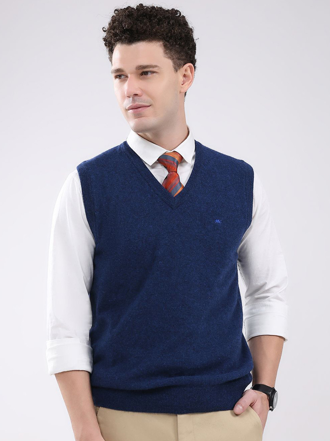 Monte Carlo Men Woollen V Neck Sweater Vest with Brand Logo Embroidered Detail